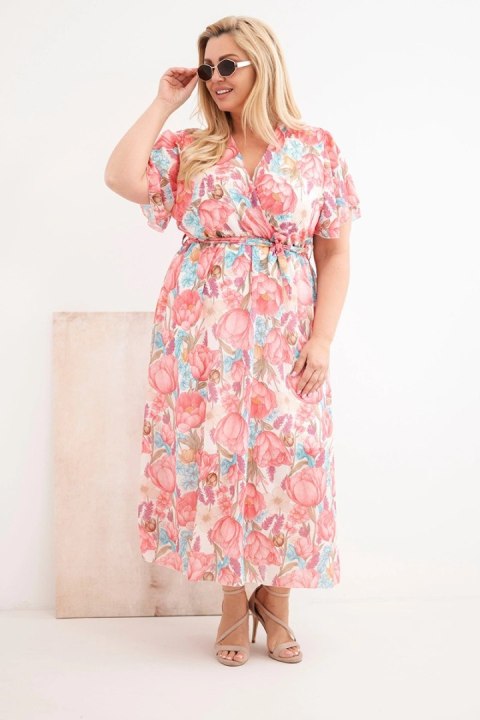 Sukienka damska Plus Size w kwiaty z wiązaniem różowa