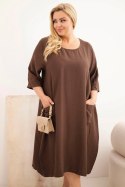 Sukienka damska Plus Size wiskozowa z kieszeniami krótki rękaw brązowa