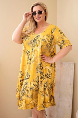 Sukienka damska wiskozowa Plus Size z krótkim rękawem i fasonem paisley musztardowa