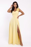 643-5 Elegancka wieczorowa suknia maxi z rozcięciem i różami - masełkowy żółty