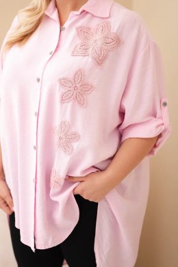 Koszula damska Plus Size z wiskozy z haftem kwiatowym cukierkowy róż