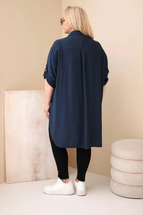 Koszula damska Plus Size z wiskozy z haftem kwiatowym granatowa