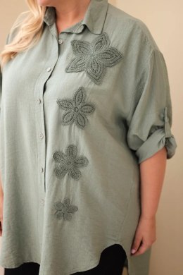 Koszula damska Plus Size z wiskozy z haftem kwiatowym khaki