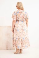 Sukienka damska Plus Size w kwiaty z wiązaniem beżowa