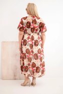 Sukienka damska Plus Size w kwiaty z wiązaniem brązowa