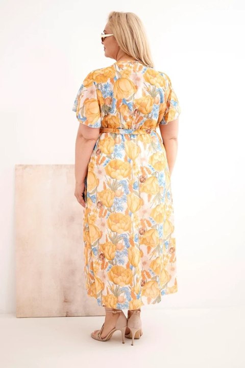 Sukienka damska Plus Size w kwiaty z wiązaniem musztardowa
