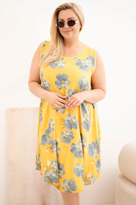 Sukienka damska Plus Size wiskozowa w kwiaty na ramiączkach musztardowa