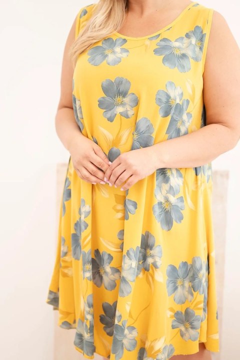 Sukienka damska Plus Size wiskozowa w kwiaty na ramiączkach musztardowa