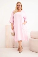 Sukienka damska Plus Size wiskozowa z kieszeniami krótki rękaw cukierkowy róż