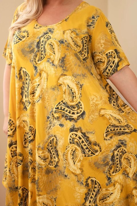 Sukienka damska wiskozowa Plus Size z krótkim rękawem i fasonem paisley musztardowa