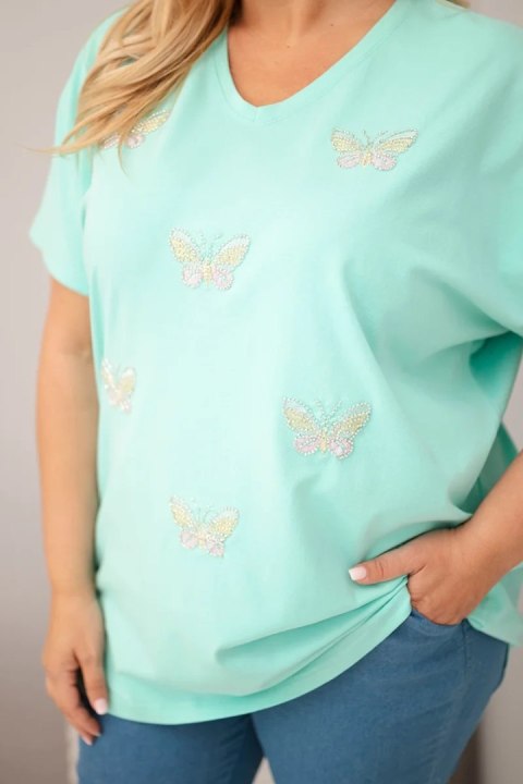 Bluzka damska bawełniana Plus Size z motylkami miętowa