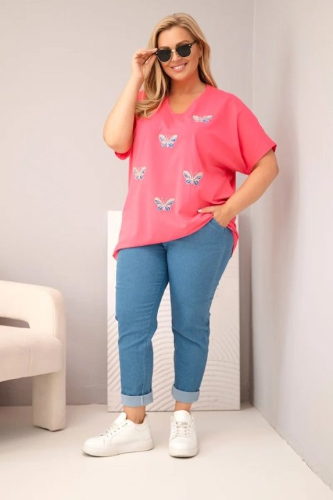 Bluzka damska bawełniana Plus Size z motylkami różowa