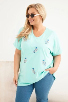 Bluzka damska bawełniana Plus Size z piórkami miętowa