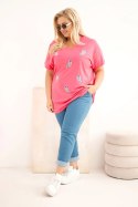 Bluzka damska bawełniana Plus Size z piórkami różowa