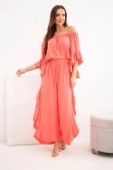 Komplet damski wiskozowy boho z falbanami koralowy