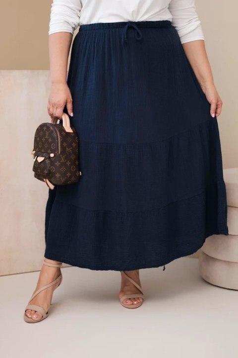 Spódnica damska Plus Size bawełniana muślinowa z falbaną i gumką granatowa