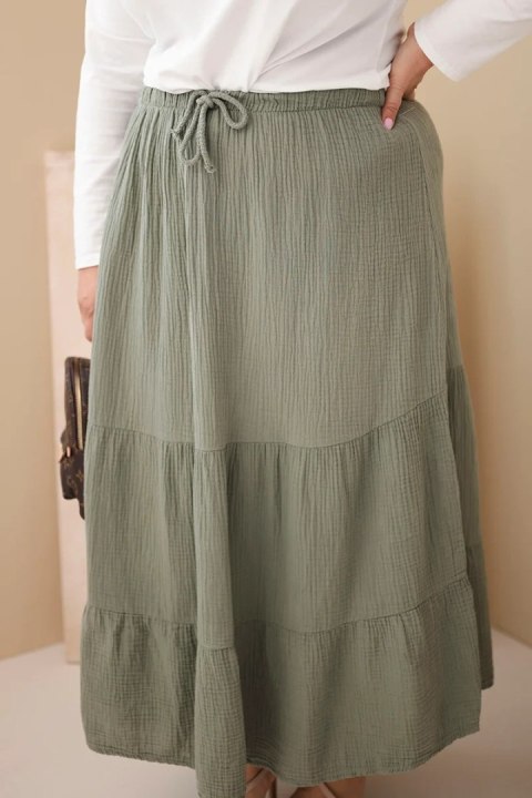 Spódnica damska Plus Size bawełniana muślinowa z falbaną i gumką khaki