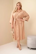 Sukienka damska bawełniana Plus Size koszulowa z paskiem camelowa
