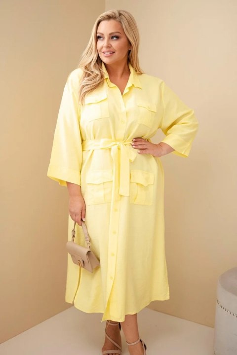 Sukienka damska bawełniana Plus Size koszulowa z paskiem żółta