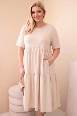 Sukienka damska bawełniana Plus Size z krótkim rękawem i falbaną jasno beżowa