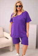 Komplet damski bawełniany Plus Size z bluzką i spodenkami fioletowy