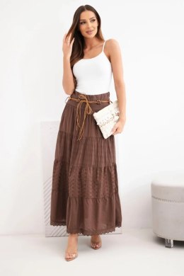 Spódnica damska maxi bawełniana z ażurowym haftem i elastycznym pasem brązowa