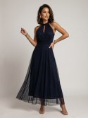 662-3 Elegancka sukienka wieczorowa maxi halter z tiulem i wiązaniem w talii - granatowa
