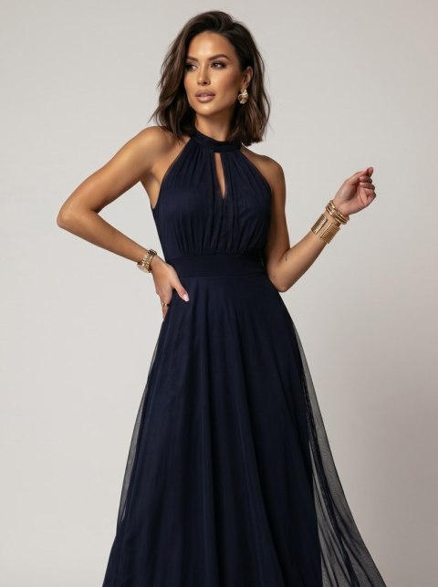 662-3 Elegancka sukienka wieczorowa maxi halter z tiulem i wiązaniem w talii - granatowa