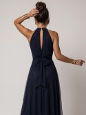 662-3 Elegancka sukienka wieczorowa maxi halter z tiulem i wiązaniem w talii - granatowa