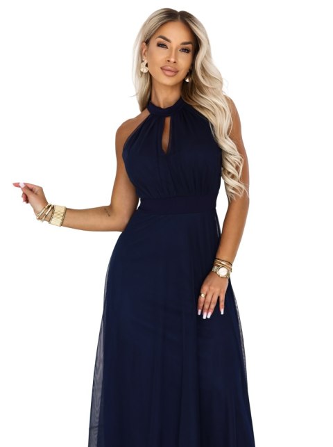 662-3 Elegancka sukienka wieczorowa maxi halter z tiulem i wiązaniem w talii - granatowa