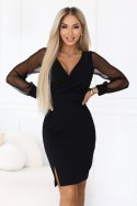 674-1 Elegancka dopasowana sukienka z kopertowym dekoltem, tiulowymi rękawami i rozcięciem - czarna