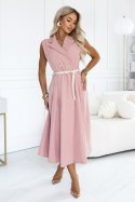 596-6 Elegancka szmizjerka midi ze złotymi guzikami i paskiem - pudrowy róż