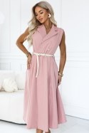 596-6 Elegancka szmizjerka midi ze złotymi guzikami i paskiem - pudrowy róż