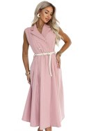 596-6 Elegancka szmizjerka midi ze złotymi guzikami i paskiem - pudrowy róż