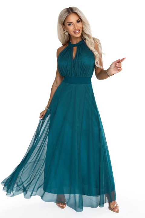 662-4 Elegancka sukienka wieczorowa maxi halter z tiulem i wiązaniem w talii - zielona