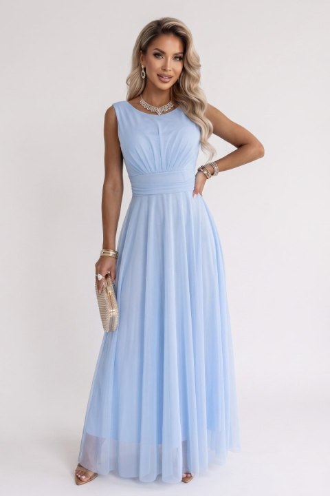 678-1 ELIRA długa sukienka tiulowa maxi z okrągłym dekoltem - błękitna