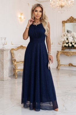 679-3 AVELINE długa sukienka maxi z brokatowym tiulem i okrągłym dekoltem - granatowa