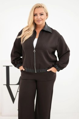 Komplet damski Plus Size z bluzą na zamek i szerokimi spodniami brązowy