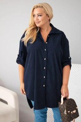 Koszula damska Plus Size z wiskozy sztruksowa z podpinanymi rękawami granatowa