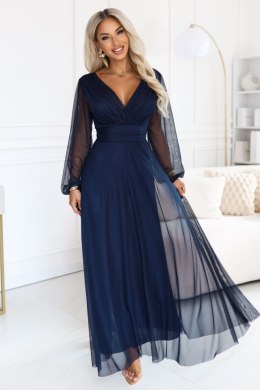 684-3 NERISSA elegancka tiulowa sukienka maxi z kopertowym dekoltem - granatowa