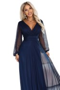684-3 NERISSA elegancka tiulowa sukienka maxi z kopertowym dekoltem - granatowa