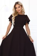 694-2 MIRELLA Elegancka rozkloszowana sukienka maxi z cekinowymi rękawami - czekoladowy brąz