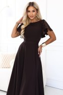 694-2 MIRELLA Elegancka rozkloszowana sukienka maxi z cekinowymi rękawami - czekoladowy brąz
