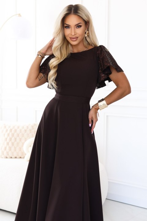 694-2 MIRELLA Elegancka rozkloszowana sukienka maxi z cekinowymi rękawami - czekoladowy brąz