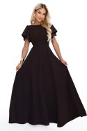 694-2 MIRELLA Elegancka rozkloszowana sukienka maxi z cekinowymi rękawami - czekoladowy brąz