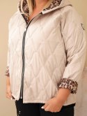 Kurtka damska Plus Size z kapturem i panterkowym wykończeniem ciemno beżowa