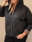 Kurtka damska Plus Size z kapturem i panterkowym wykończeniem czarna
