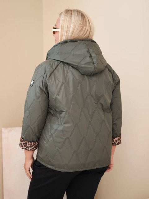Kurtka damska Plus Size z kapturem i panterkowym wykończeniem khaki