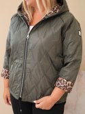 Kurtka damska Plus Size z kapturem i panterkowym wykończeniem khaki