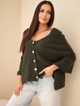 Sweter damski ponczo z baby alpaki z guzikami khaki